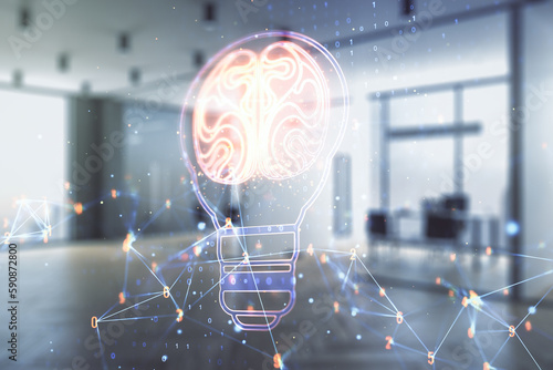 Abstract virtual idea concept with light bulb and human brain illustration on a modern furnished office background. Neural networks and machine learning concept. Multiexposure © Pixels Hunter