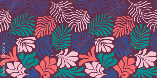 Fototapeta Naklejka Na Ścianę i Meble -  Multicolor abstract background with tropical palm leaves in Matisse style. Vector seamless pattern with Scandinavian cut out elements.