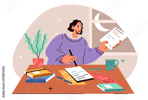 People work home office at night desk concept. Vector graphic design illustration