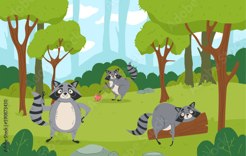 Fototapeta Naklejka Na Ścianę i Meble -  Raccoon animal forest wood background concept. Vector graphic design illustration