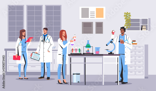 Lab laboratory research development medical scientist chemical concept. Vector graphic design illustration
