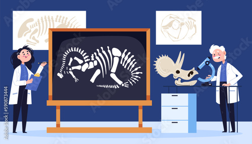 Lab laboratory dinosaur fossil ancient dna history archaeologist concept. Vector graphic design illustration