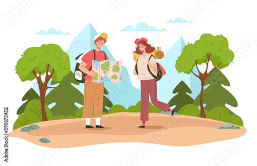 Tourist map hiking travel nature summer trail forest concept. Vector graphic design illustration