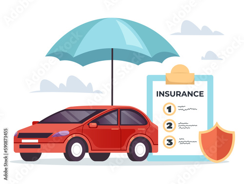 Insurance claim policy auto car automobile under umbrella concept. Vector graphic design illustration