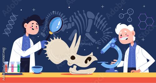 Lab laboratory dinosaur fossil ancient dna history archaeologist concept. Vector graphic design illustration