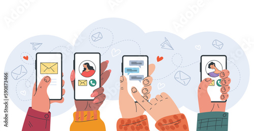 Hand hold phone smartphone touch screen app concept. Vector graphic design illustration
