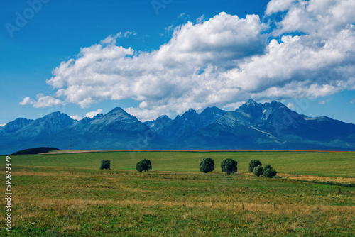 Beautiful summer landscape: valley - meadows with green grass, trees and mountains - High Tatras - on the horizon, white clouds on blue sky.
