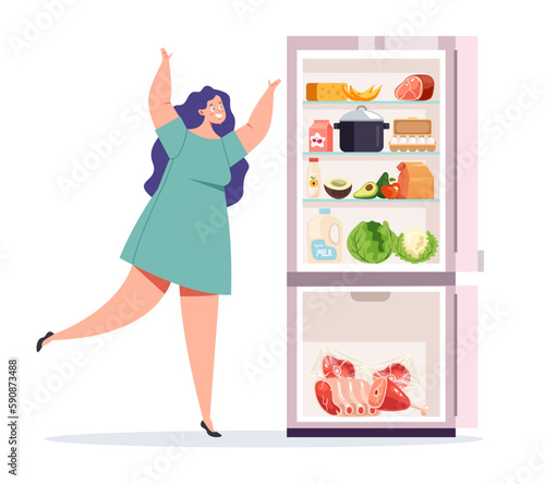 Eating disorder open fridge late night obese gluttony concept. Vector graphic design illustration