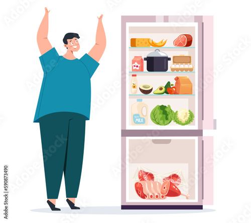 Eating disorder open fridge late night obese gluttony concept. Vector graphic design illustration