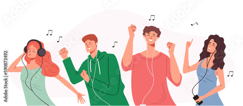 People listen music song by phone isolated concept. Vector graphic design illustration 