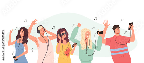 People listen music song by phone isolated concept. Vector graphic design illustration 