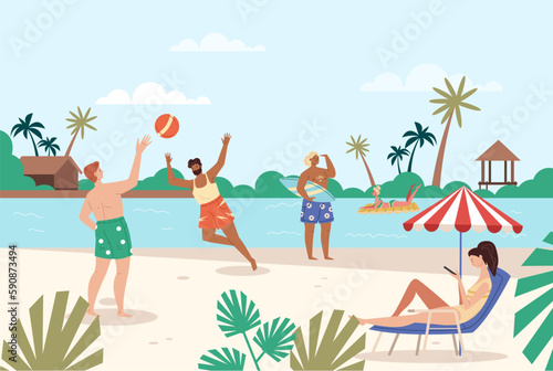 People on beach sea summer vacation concept. Vector graphic design illustration