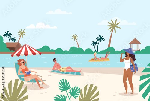 People on beach sea summer vacation concept. Vector graphic design illustration