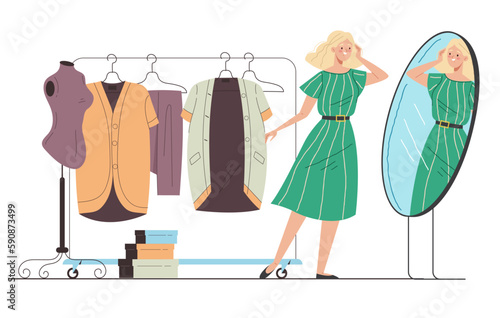 People look at mirror wear trying clothes concept. Vector graphic design illustration
