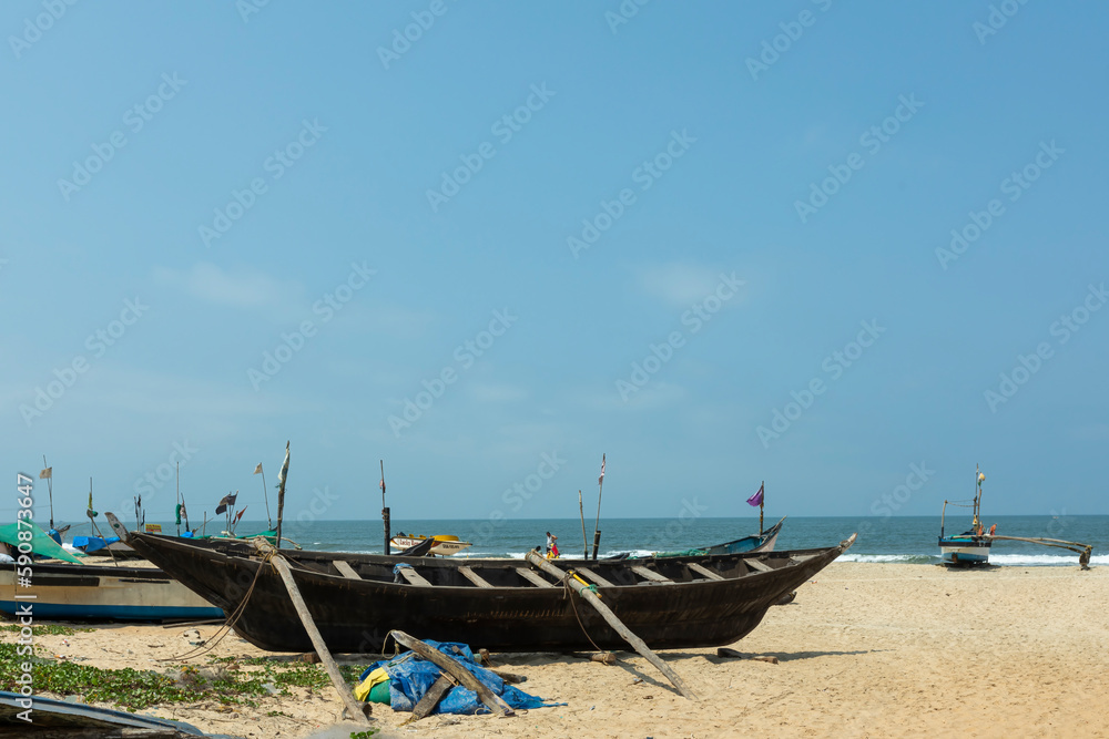 Benaulim Beach, Goa - India. April, 06 2023. Sunny Beach is a popular seaside destination located in the Indian state of Goa. The beach is known for its golden sands and clear blue waters.