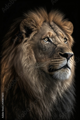 Lion  portrait sur fond noir  roi de la jungle fa  on portrait animalier  illustration ia g  n  rative