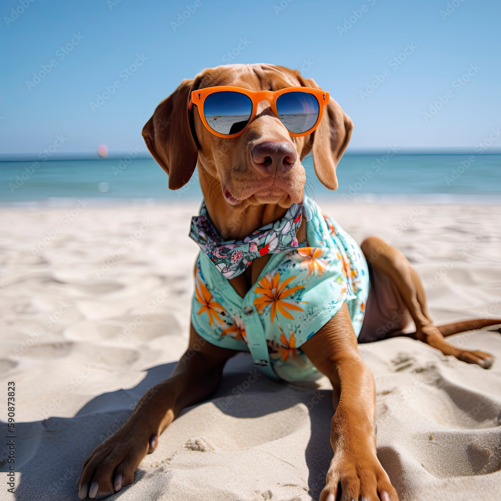 Summer vacation on the beach with dog wearing sunglasses and an island ...