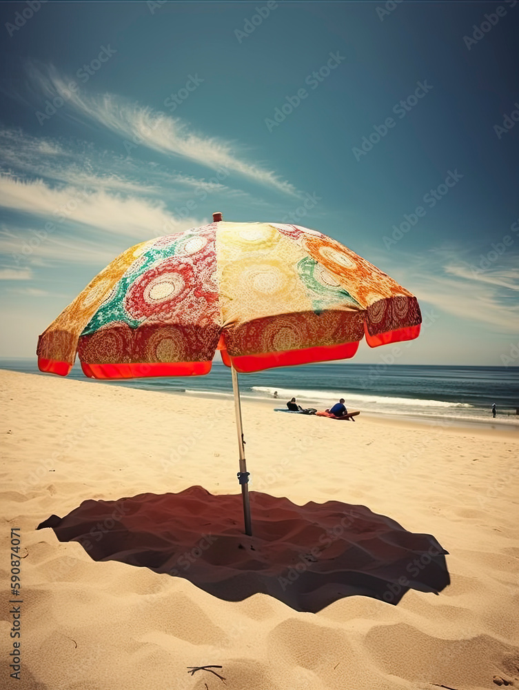 Summer vacation on the beach with fun beach umbrella casting shadow on the sand created with