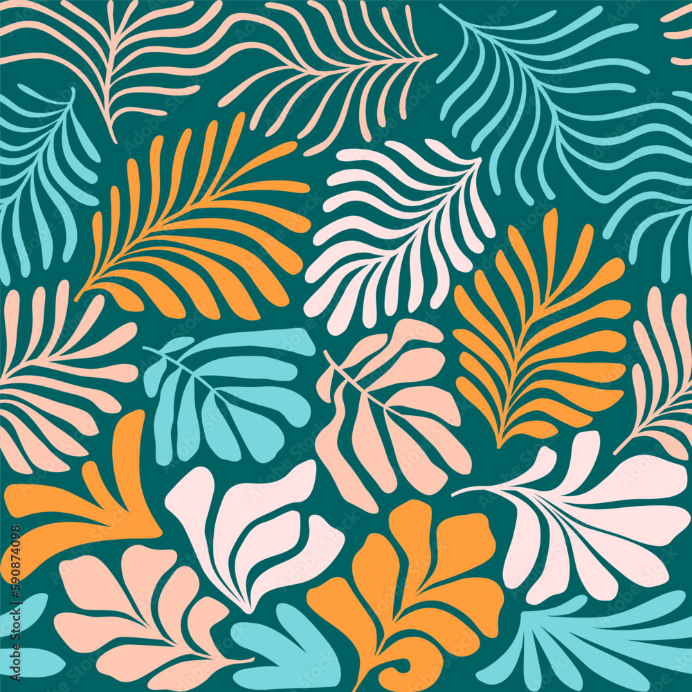 Multicolor abstract background with tropical palm leaves in Matisse style. Vector seamless pattern with Scandinavian cut out elements. Multicolor abstract background with tropical palm leaves in Matisse style. Vector seamless pattern with Scandinavian cut out elements.