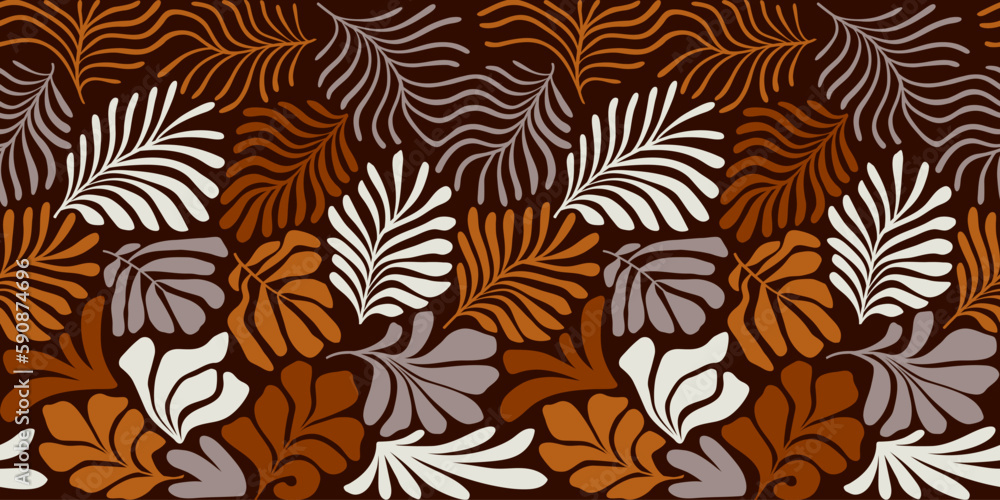 Multicolor abstract background with tropical palm leaves in Matisse style. Vector seamless pattern with Scandinavian cut out elements. Multicolor abstract background with tropical palm leaves in Matisse style. Vector seamless pattern with Scandinavian cut out elements.