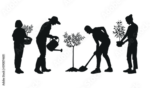 Group of people planting trees in park outdoor set full length vector silhouette.