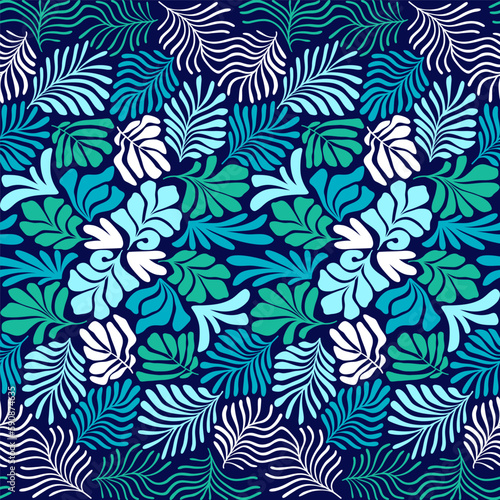 Multicolor abstract background with tropical palm leaves in Matisse style. Vector seamless pattern with Scandinavian cut out elements.