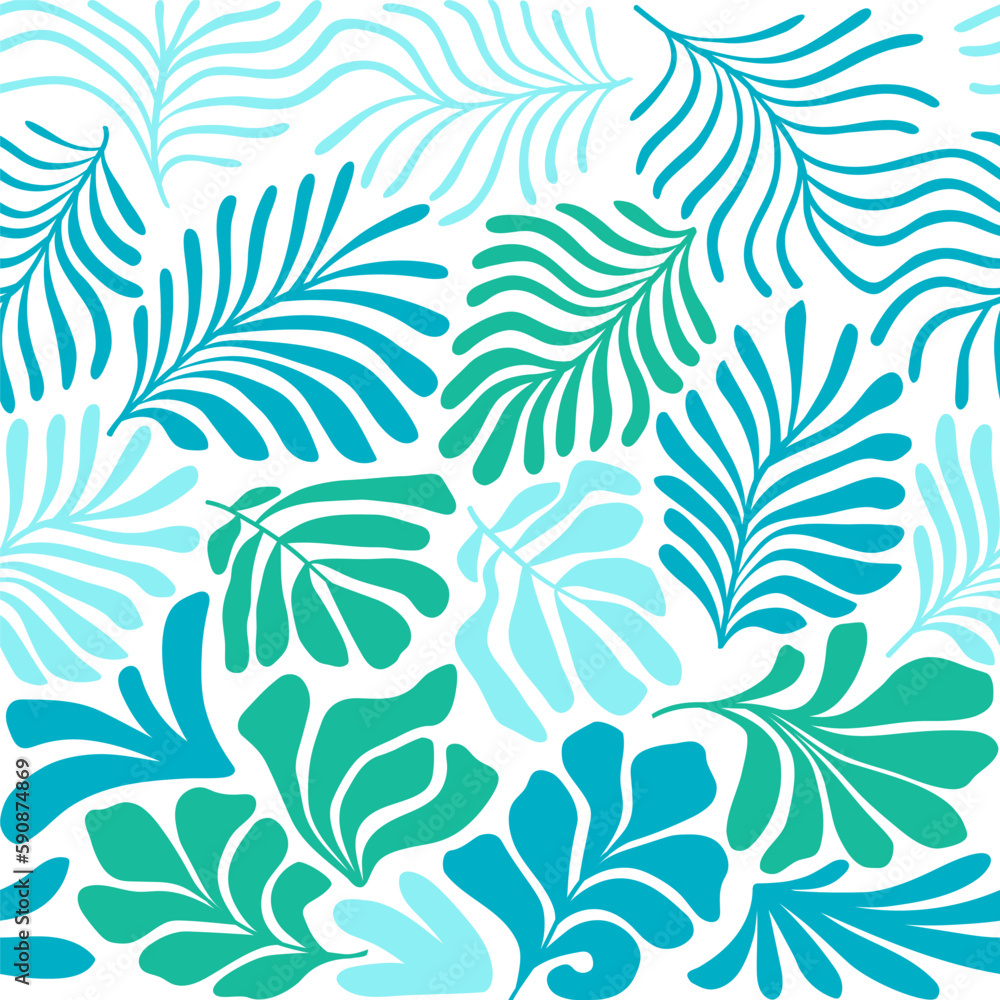 Multicolor abstract background with tropical palm leaves in Matisse style. Vector seamless pattern with Scandinavian cut out elements. Multicolor abstract background with tropical palm leaves in Matisse style. Vector seamless pattern with Scandinavian cut out elements.