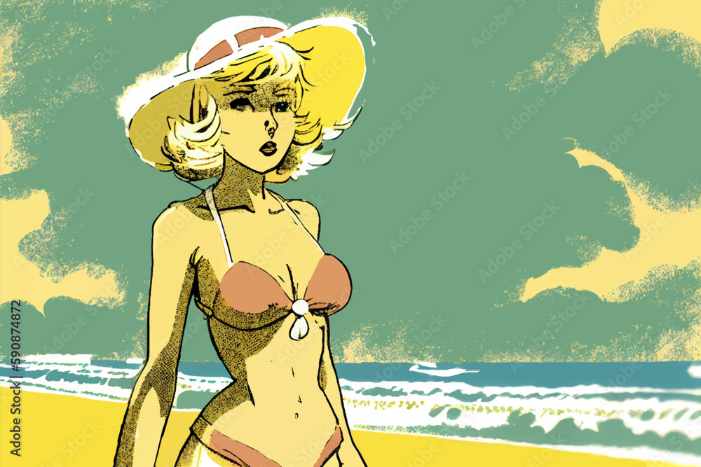 Woman in bikini with sunhat standing. Vector illustration desing.