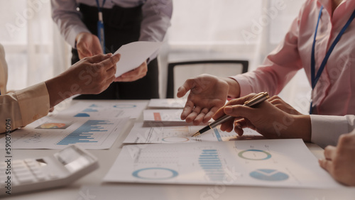 Tableau sur toile Close up brainstorming of asian businesswoman, bookkeeping, industrial sector of