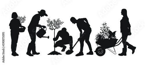 Silhouette of people planting outdoor nature. Digging hole, watering plant, pushing wheelbarrow, gardening activities set.