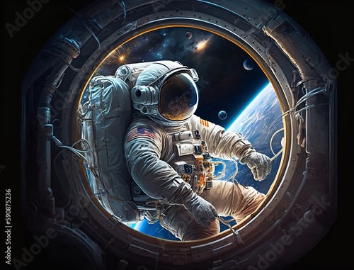 Astronauts work in outer space on the outer shell of the space station. Generative AI