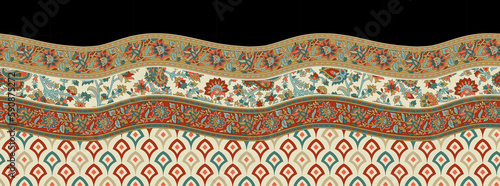 Seamless paisley flower border design. multi colored decorated hand drawn rendered traced embraided ornamental all over base background repeat pattern geometrical texture border ethnic 