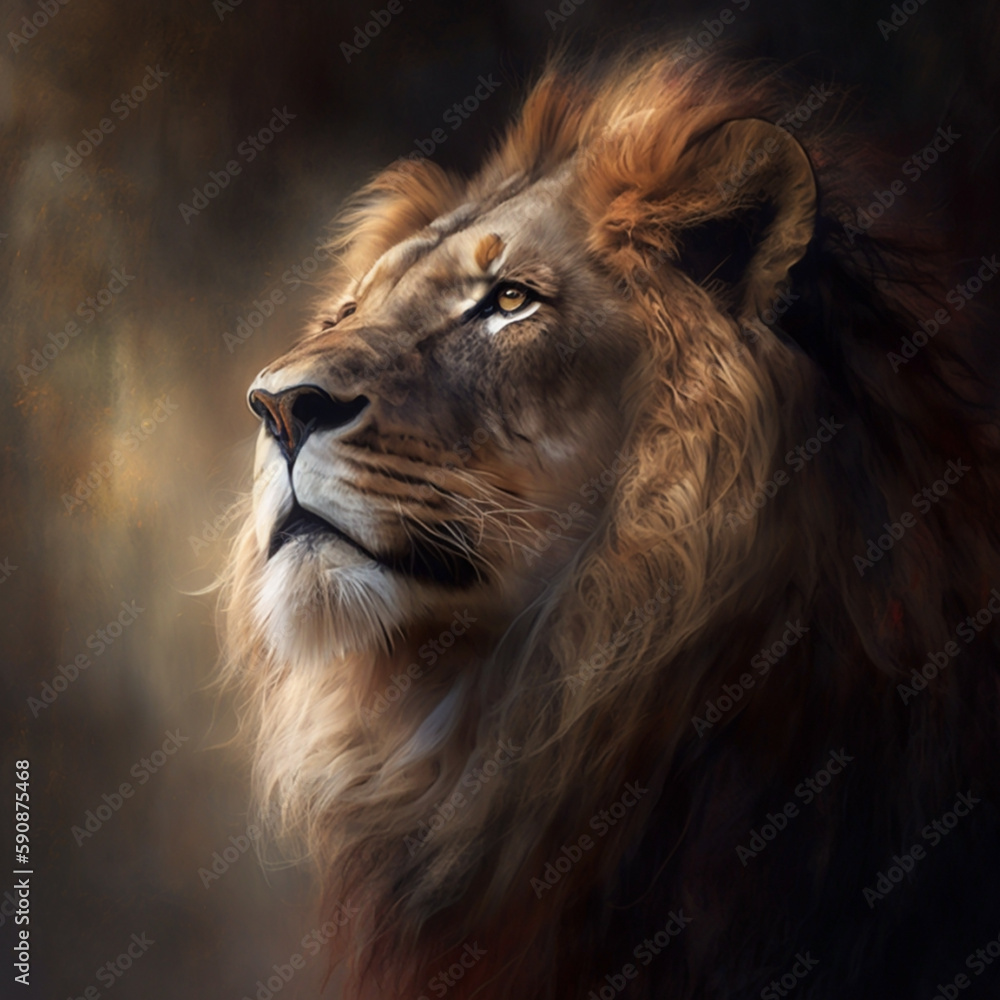 Naklejka premium Lion, majestic background with golden lighting