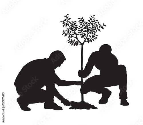 People planting a tree nature outdoor vector silhouette.