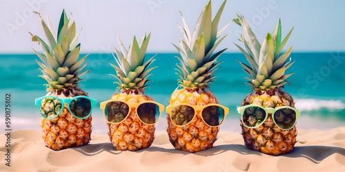 Tropical happy pineapples with sunglasses on the beach, generative ai