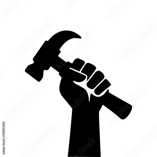Hand Holding Hammer Punch Up Worker Labor Gesture Black Silhouette Vector Illustration
