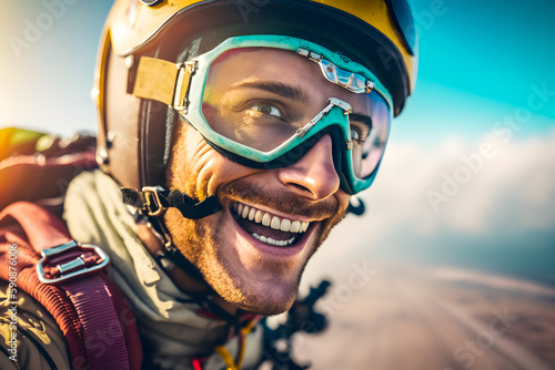 Skydiver man happy smiling in free fall makes selfie, flying over the earth sea with clouds. Generative AI