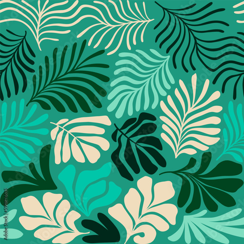 Multicolor abstract background with tropical palm leaves in Matisse style. Vector seamless pattern with Scandinavian cut out elements.