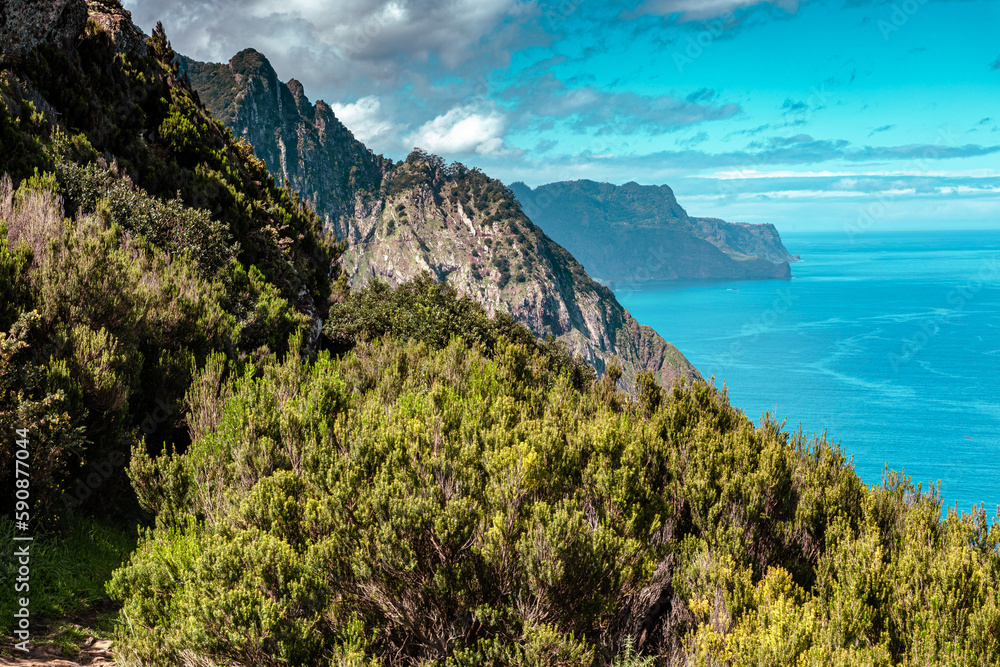 Madeira. Hiking trail Vereda Boca do Risco. Steep Cliffs over the Atlantic Ocean. Near Machico and Canical. Madeira Island, Portugal.