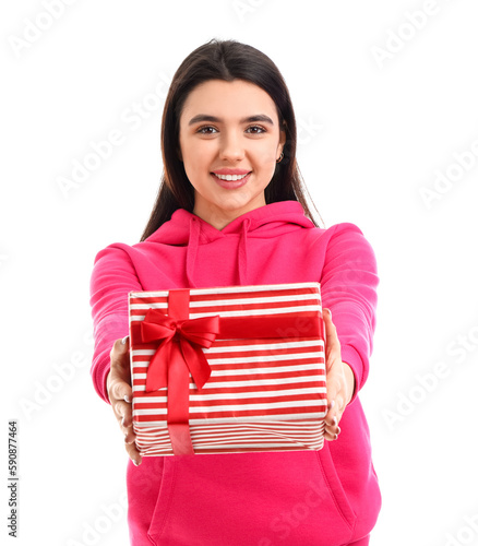 Smiling young woman in pink...