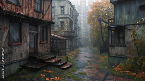 ruelle abandonnée, illustration d'une rue sombre et effrayante sous la pluie, ia générative © sebastien montier