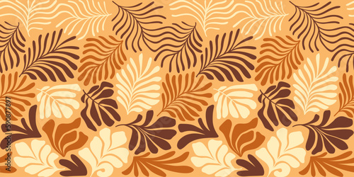 Multicolor abstract background with tropical palm leaves in Matisse style. Vector seamless pattern with Scandinavian cut out elements.