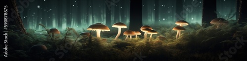 Forest with Mushrooms glowing in the night. generative ai