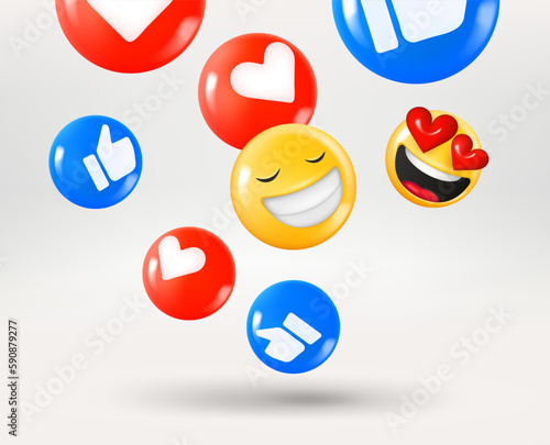 Thumb ups, hearts and smiling emojis falling down. 3d vector illustration