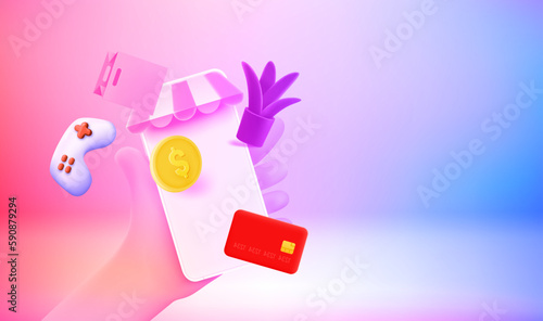 Making purchasing online concept. 3d vector banner with copy space