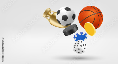 Gambling concept with different sport game inventory. 3d vector banner with copy space © tovovan