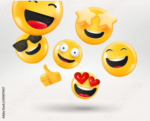Laughing and smiling emojis falling down. 3d vector illustration