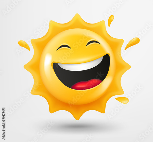 Laughing sun emoticon with sunglasses. 3d vector emoji isolated on white background 
