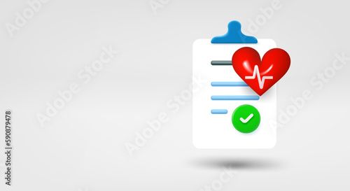Anamnesis on clip board with heart. 3d vector banner with copy space