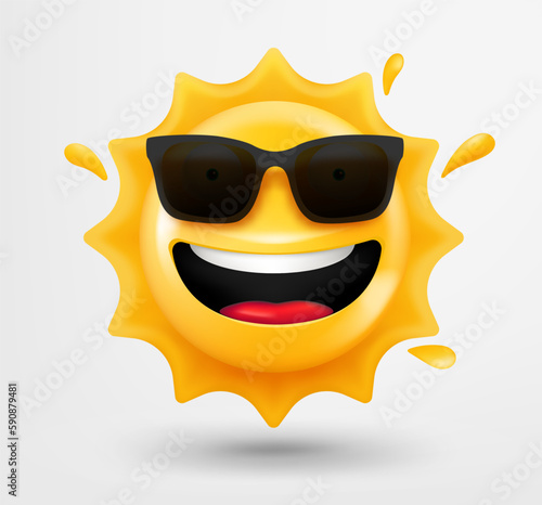 Laughing sun emoticon. 3d vector emoji isolated on white background 